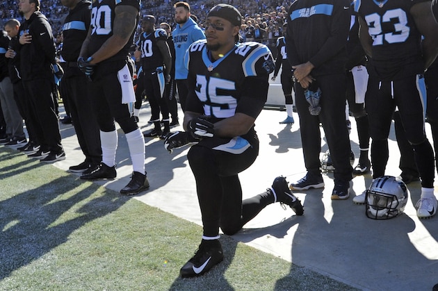 Carolina Panthers' Eric Reid (25) kneels during the national anthem before an NFL football game against the Atlanta Falcons in Charlotte, N.C., Sunday, Dec. 23, 2018. (AP Photo/Mike McCarn) Carolina Panthers' Eric Reid (25) kneels during the national anthem before an NFL football game against the Atlanta Falcons in Charlotte, N.C., Sunday, Dec. 23, 2018. (AP Photo/Mike McCarn)