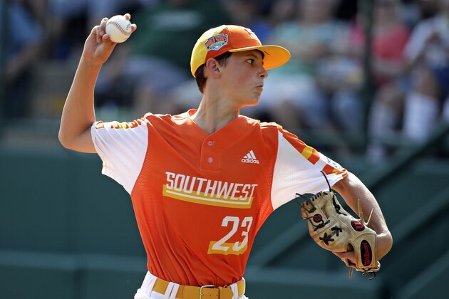 River Ridge, Louisiana's Marshall Louque delivers during the first inning of a baseball game against Wailuku, Hawaii, at the Little League World Series tournament in South Williamsport, Pa., Friday, Aug. 16, 2019. (AP Photo/Gene J. Puskar)
