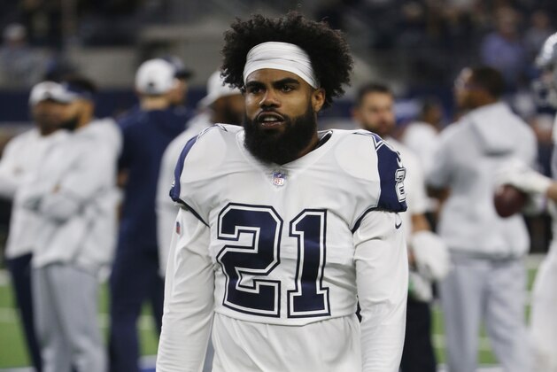 Dallas Cowboys running back Ezekiel Elliott (21) before an NFL football game against the New Orleans Saints, in Arlington, Texas, Thursday, Nov. 29, 2018. (AP Photo/Ron Jenkins)