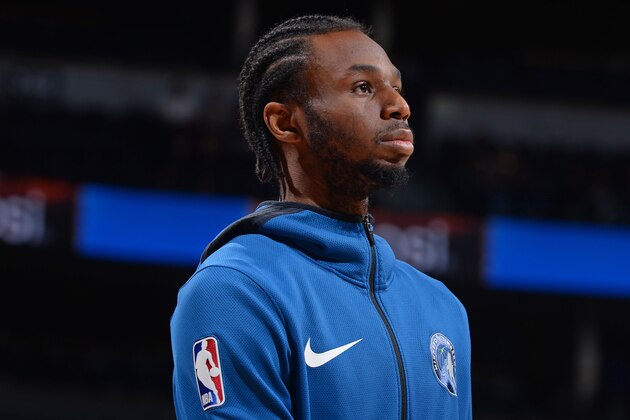 DENVER, CO - APRIL 10: Andrew Wiggins #22 of the Minnesota Timberwolves stares on before the game against the Denver Nuggets on April 10, 2019 at the Pepsi Center in Denver, Colorado. NOTE TO USER: User expressly acknowledges and agrees that, by downloading and/or using this Photograph, user is consenting to the terms and conditions of the Getty Images License Agreement. Mandatory Copyright Notice: Copyright 2019 NBAE (Photo by Bart Young/NBAE via Getty Images)