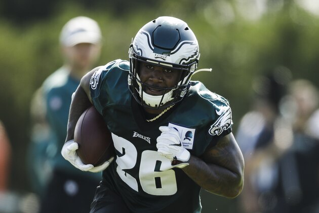 Philadelphia Eagles running back Miles Sanders runs with the ball during practice at the NFL football team's training camp in Philadelphia, Friday, July 26, 2019. (AP Photo/Matt Rourke) Philadelphia Eagles running back Miles Sanders runs with the ball during practice at the NFL football team's training camp in Philadelphia, Friday, July 26, 2019. (AP Photo/Matt Rourke)