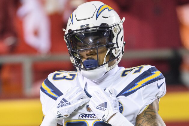 Los Angeles Chargers free safety Derwin James (33) during warm-ups before the start of an NFL football game in Kansas City, Mo., Thursday, Dec. 13, 2018. (AP Photo/Reed Hoffmann)