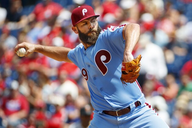 Philadelphia Phillies starting pitcher Jake Arrieta throws a pitch during the third inning of a baseball game against the San Francisco Giants, Thursday, Aug. 1, 2019, in Philadelphia. (AP Photo/Chris Szagola)