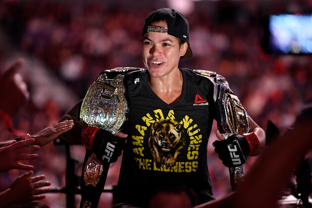 LAS VEGAS, NEVADA - JULY 07:  Amanda Nunes of Brazil celebrates after defeating Holly Holm in their UFC bantamweight championship fight during the UFC 239 event at T-Mobile Arena on July 7 2019 in Las Vegas, Nevada. (Photo by Jeff Bottari/Zuffa LLC/Zuffa LLC via Getty Images)