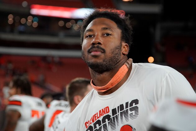 CLEVELAND, OH - AUGUST 8:  Myles Garrett #95 of the Cleveland Browns stands on the field after the game against the Washington Redskins at FirstEnergy Stadium on August 8, 2019 in Cleveland, Ohio. Cleveland defeated Washington 30-10. (Photo by Kirk Irwin/Getty Images)