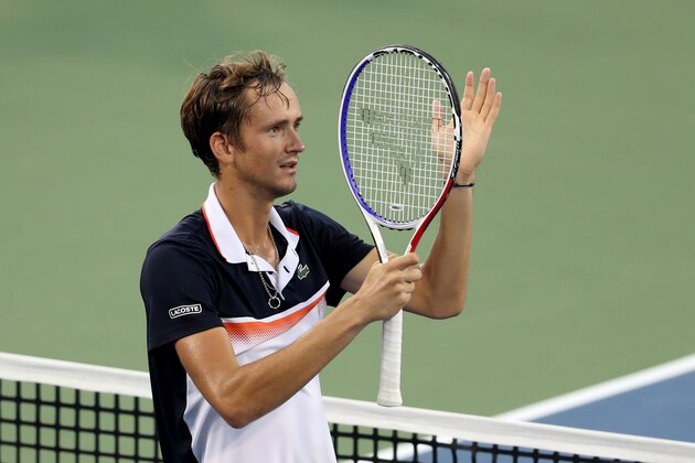 MASON, OHIO - AUGUST 17: Daniil Medvedev of Russia celebrates after defeating Novak Djokovic of Serbia during Day 8 of the Western and Southern Open at Lindner Family Tennis Center on August 17, 2019 in Mason, Ohio. (Photo by Rob Carr/Getty Images)