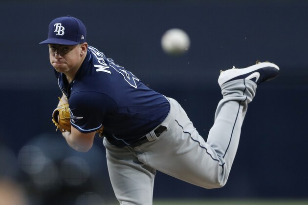 Tampa Bay Rays starting pitcher Brendan McKay works against a San Diego Padres batter during the first inning of a baseball game Tuesday, Aug. 13, 2019, in San Diego. (AP Photo/Gregory Bull)