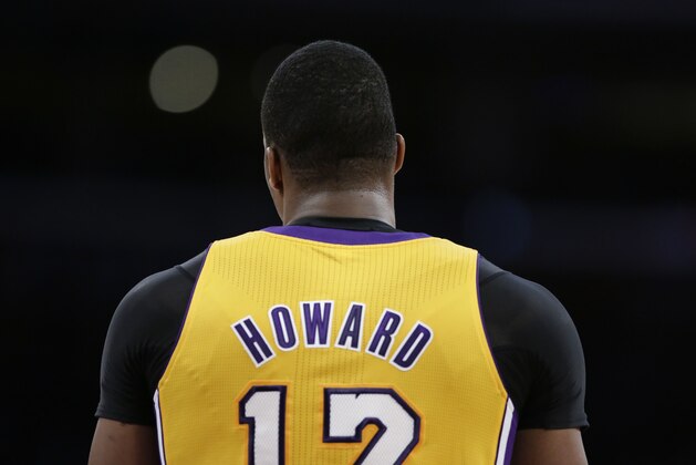 Los Angeles Lakers' Dwight Howard during the second of an NBA basketball game against the Houston Rockets in Los Angeles, Wednesday, April 17, 2013. The Lakers won 99-95 in overtime. (AP Photo/Jae C. Hong)