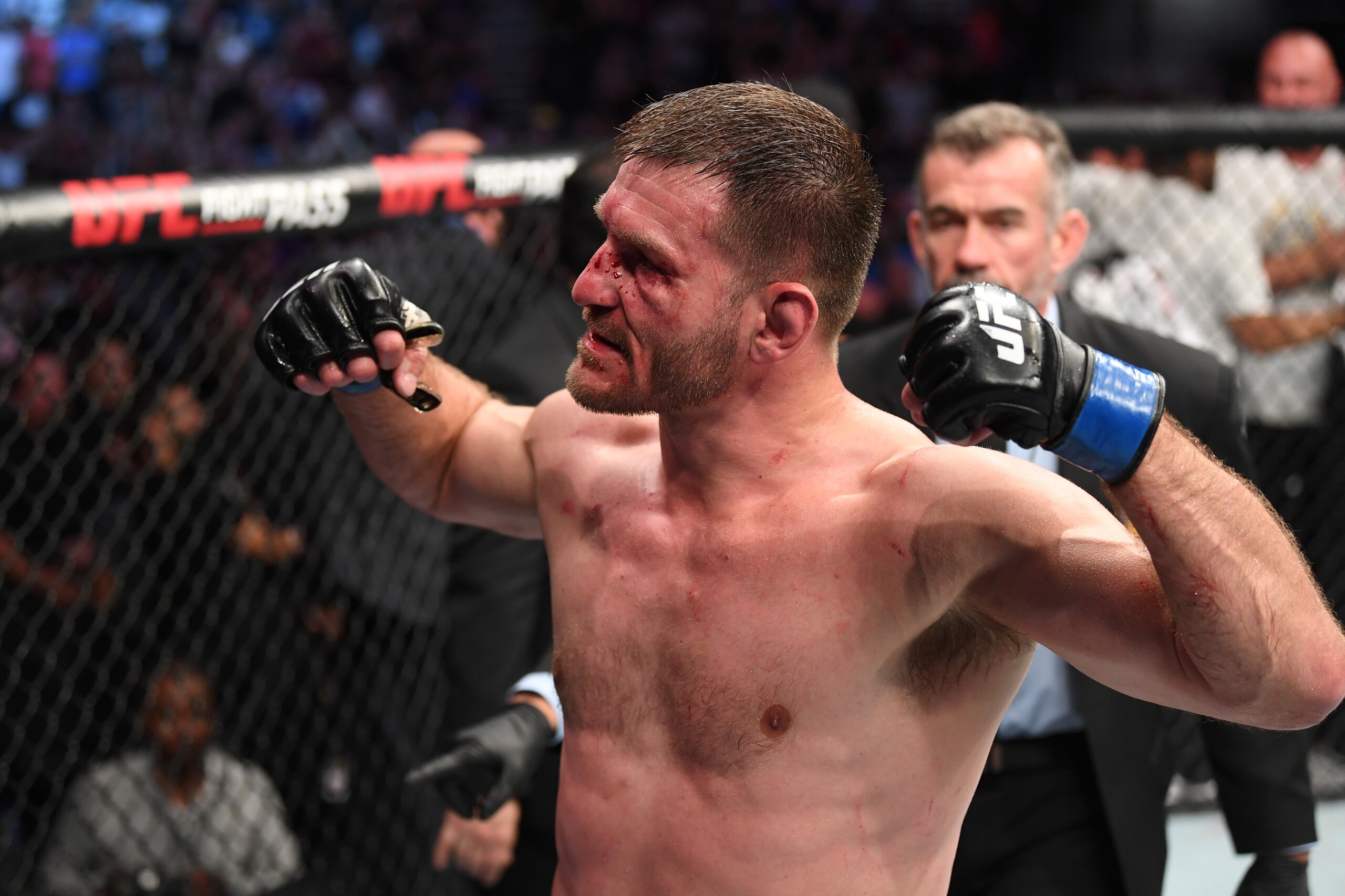 ANAHEIM, CALIFORNIA - AUGUST 17:  Stipe Miocic celebrates his TKO victory over Daniel Cormier in their heavyweight championship bout during the UFC 241 event at the Honda Center on August 17, 2019 in Anaheim, California. (Photo by Josh Hedges/Zuffa LLC/Zuffa LLC via Getty Images)