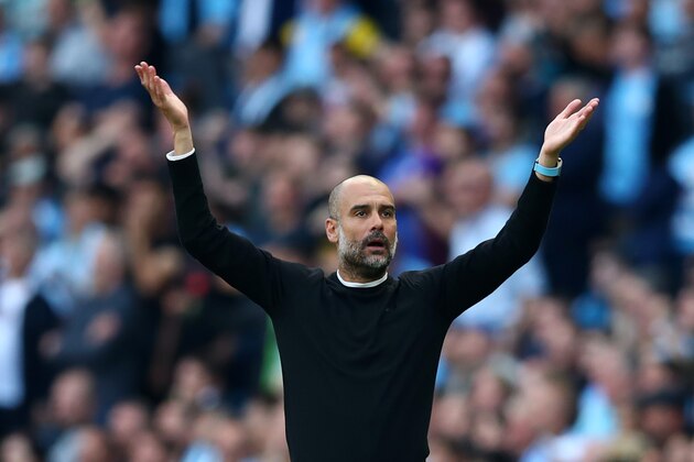 MANCHESTER, ENGLAND - AUGUST 17: Pep Guardiola, Manager of Manchester City reacts during the Premier League match between Manchester City and Tottenham Hotspur at Etihad Stadium on August 17, 2019 in Manchester, United Kingdom. (Photo by Clive Brunskill/Getty Images)