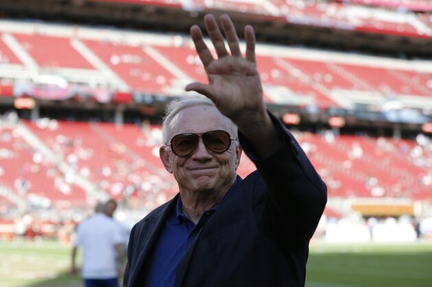 Dallas Cowboys owner Jerry Jones waves before an NFL preseason football game between the San Francisco 49ers and the Cowboys in Santa Clara, Calif., Saturday, Aug. 10, 2019. (AP Photo/Josie Lepe)