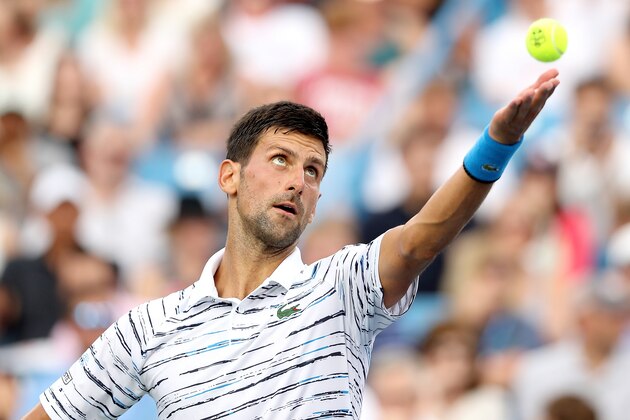MASON, OHIO - AUGUST 17: Novak Djokovic of Serbia serves to Daniil Medvedev of Russia during the Western & Southern Open at Lindner Family Tennis Center on August 17, 2019 in Mason, Ohio. (Photo by Matthew Stockman/Getty Images)