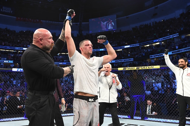 ANAHEIM, CALIFORNIA - AUGUST 17:  Nate Diaz celebrates his victory over Anthony Pettis in their welterweight bout during the UFC 241 event at the Honda Center on August 17, 2019 in Anaheim, California. (Photo by Josh Hedges/Zuffa LLC/Zuffa LLC via Getty Images)