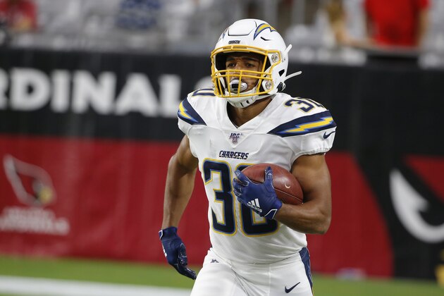 Los Angeles Chargers running back Austin Ekeler (30) during the first half of an NFL preseason football game against the Arizona Cardinals, Thursday, Aug. 8, 2019, in Glendale, Ariz. (AP Photo/Rick Scuteri)