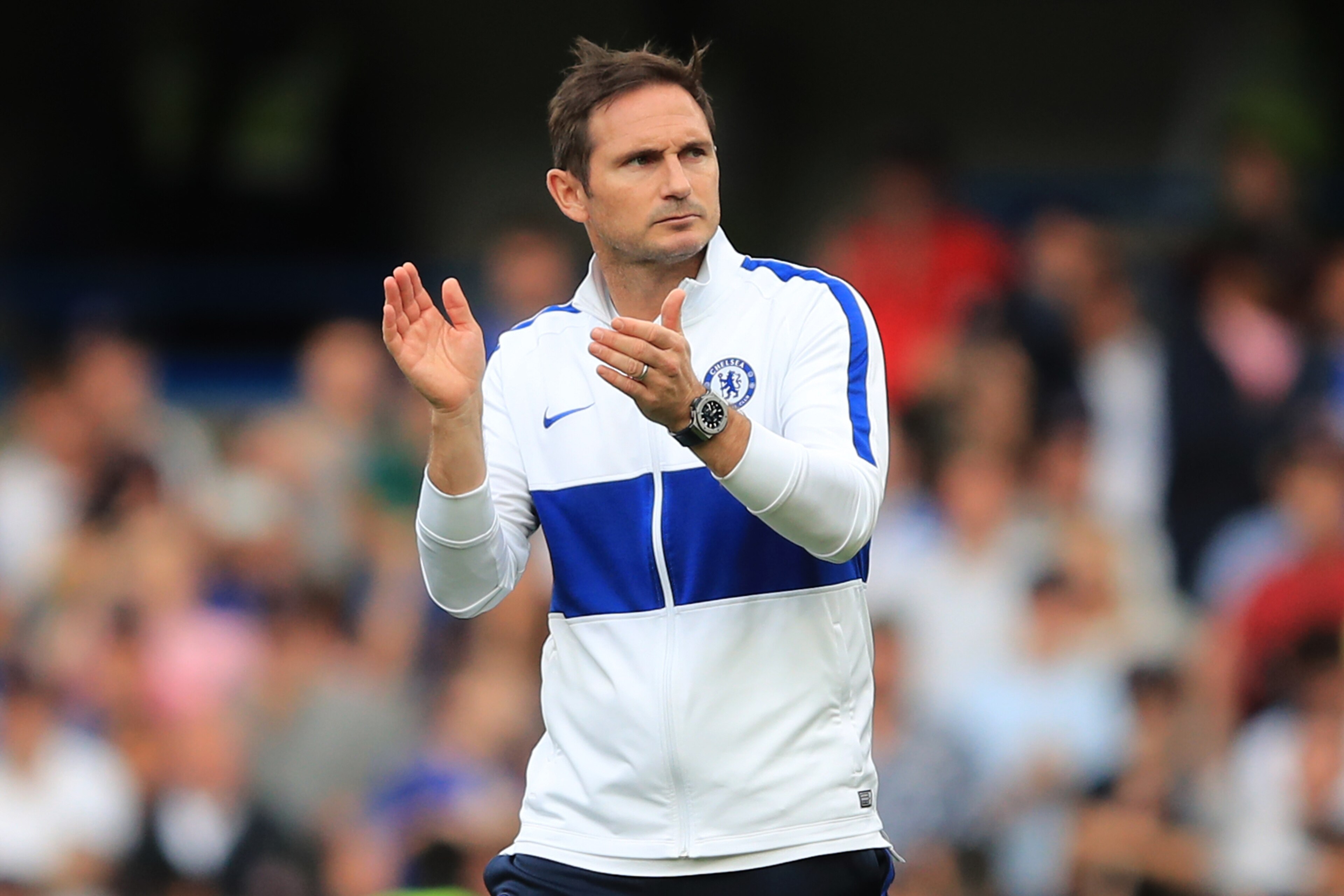 LONDON, ENGLAND - AUGUST 18: Frank Lampard manager of Chelsea reacts at full time  during the Premier League match between Chelsea FC and Leicester City at Stamford Bridge on August 18, 2019 in London, United Kingdom. (Photo by Marc Atkins/Getty Images)