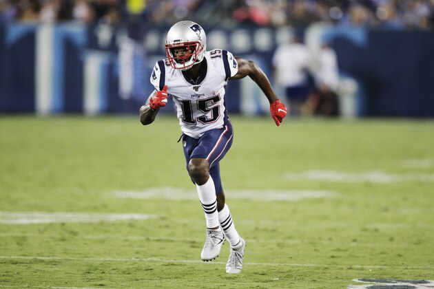 New England Patriots wide receiver Dontrelle Inman plays against the Tennessee Titans in the second half of a preseason NFL football game Saturday, Aug. 17, 2019, in Nashville, Tenn. (AP Photo/James Kenney)