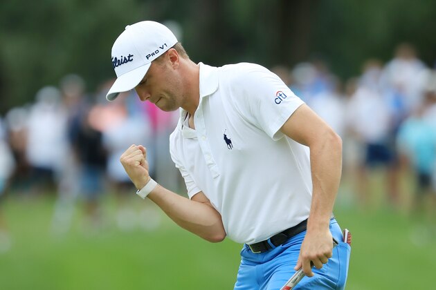MEDINAH, ILLINOIS - AUGUST 18: Justin Thomas of the United States reacts to his par on the 12th hole during the final round of the BMW Championship at Medinah Country Club No. 3 on August 18, 2019 in Medinah, Illinois. (Photo by Sam Greenwood/Getty Images)