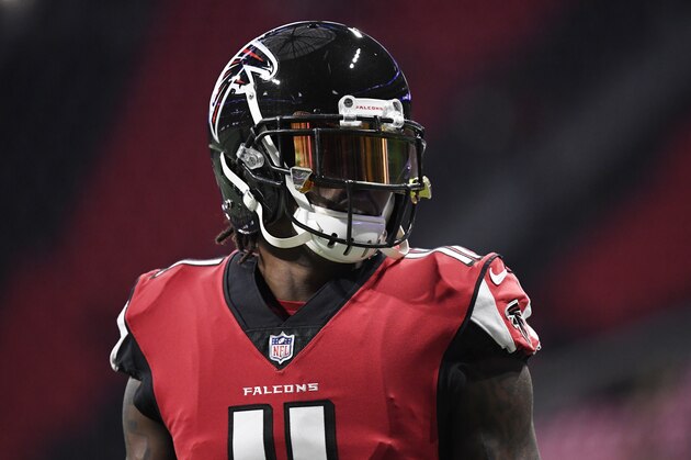Atlanta Falcons wide receiver Julio Jones (11) warms up before the first half of an NFL football game against the Arizona Cardinals, Sunday, Dec. 16, 2018, in Atlanta. (AP Photo/Danny Karnik)