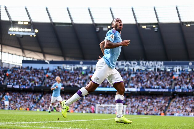 MANCHESTER, ENGLAND - AUGUST 17: Raheem Sterling of Manchester City celebrates after scoring a goal to make it 1-0 during the Premier League match between Manchester City and Tottenham Hotspur at Etihad Stadium on August 17, 2019 in Manchester, United Kingdom. (Photo by Robbie Jay Barratt - AMA/Getty Images)