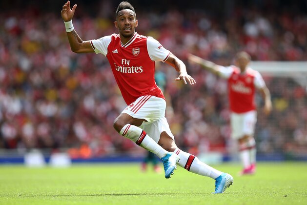 LONDON, ENGLAND - AUGUST 17:   Pierre-Emerick Aubameyang of Arsenal in action during the Premier League match between Arsenal FC and Burnley FC at Emirates Stadium on August 17, 2019 in London, United Kingdom. (Photo by Julian Finney/Getty Images)