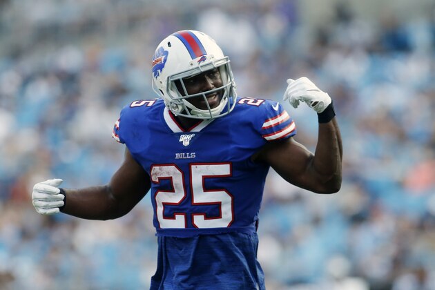 Buffalo Bills running back LeSean McCoy (25) celebrates his touchdown against the Carolina Panthers during the first half an NFL preseason football game, Friday, Aug. 16, 2019, in Charlotte, N.C. (AP Photo/Brian Blanco)