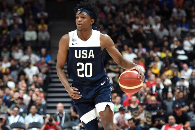 ANAHEIM, CA - AUGUST 16: De'Aaron Fox #20 of Team USA handles the ball against Team Spain on August 16, 2019 at the Honda Center in Anaheim, California. NOTE TO USER: User expressly acknowledges and agrees that, by downloading and/or using this photograph, user is consenting to the terms and conditions of the Getty Images License Agreement. Mandatory Copyright Notice: Copyright 2019 NBAE  (Photo by Adam Pantozzi/NBAE via Getty Images)