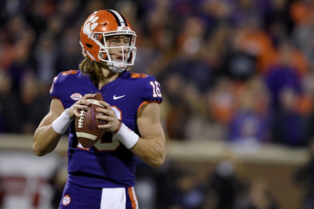 Clemson quarterback Trevor Lawrence drops back to pass during the first half of the team's NCAA college football game against Duke Saturday, Nov. 17, 2018, in Clemson, S.C. (AP Photo/Richard Shiro)