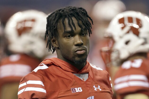 FILE - In this Dec. 2, 2017, file photo, Wisconsin wide receiver Quintez Cephus is shown on the sideline before the Big Ten championship NCAA college football game against Ohio State, in Indianapolis. Cephus appeared in court in Madison, Wisc., on sexual assault charges, Thursday, Aug. 23, 2018.(AP Photo/AJ Mast, File)