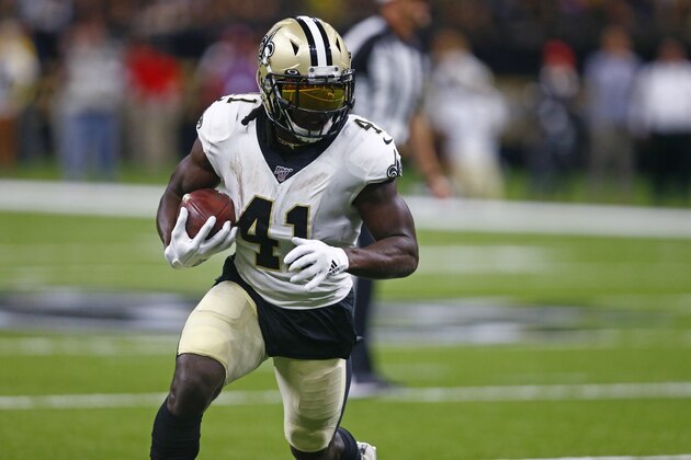 New Orleans Saints running back Alvin Kamara (41) carries in the first half of an NFL preseason football game against the Minnesota Vikings in New Orleans, Friday, Aug. 9, 2019. (AP Photo/Butch Dill)