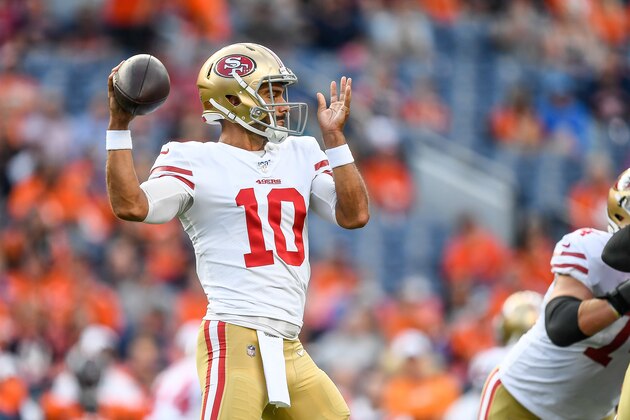 DENVER, CO - AUGUST 19:  Quarterback Jimmy Garoppolo #10 of the San Francisco 49ers passes against the Denver Broncos in the first quarter during a preseason National Football League game at Broncos Stadium at Mile High on August 19, 2019 in Denver, Colorado. (Photo by Dustin Bradford/Getty Images)
