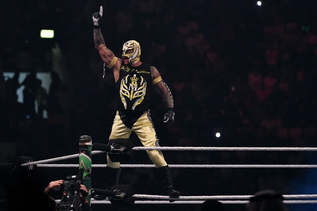 Rey Mysterio greets the crowd during the WWE World Cup Quarterfinal match as part of as part of the World Wrestling Entertainment (WWE) Crown Jewel pay-per-view at the King Saud University Stadium in Riyadh on November 2, 2018. (Photo by Fayez Nureldine / AFP)        (Photo credit should read FAYEZ NURELDINE/AFP/Getty Images)