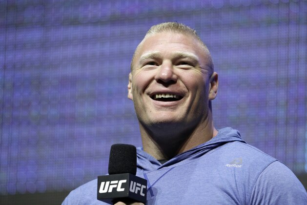 Brock Lesnar speaks during a UFC 200 mixed martial arts workout, Thursday, July 7, 2016, in Las Vegas. Lesnar is scheduled to fight Mark Hunt in a heavyweight fight at UFC 200 on Saturday. (AP Photo/John Locher)