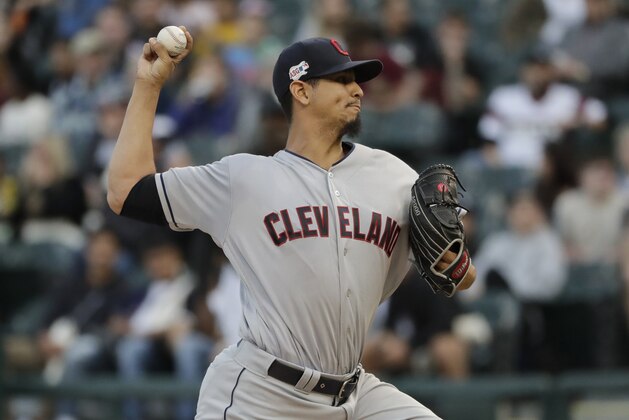 Cleveland Indians starting pitcher Carlos Carrasco throws to a Chicago White Sox batter during the first inning of a baseball game in Chicago, Thursday, May 30, 2019. (AP Photo/Nam Y. Huh)