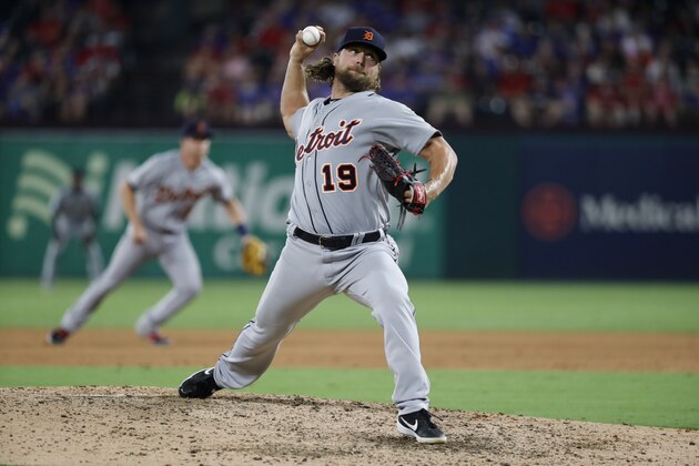 Detroit Tigers' Trevor Rosenthal throws to the Texas Rangers in a baseball game in Arlington, Texas, Saturday, Aug. 3, 2019. (AP Photo/Tony Gutierrez)