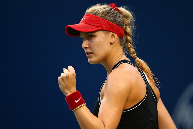 TORONTO, ON - AUGUST 06:  Eugenie Bouchard of Canada wins the first set against Bianca Andreescu of Canada during a first round match on Day 4 of the Rogers Cup at Aviva Centre on August 06, 2019 in Toronto, Canada.  (Photo by Vaughn Ridley/Getty Images)