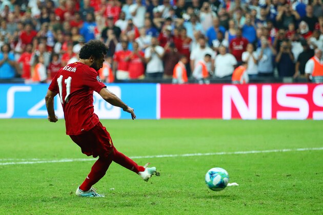 ISTANBUL, TURKEY - AUGUST 14:  Mohamed Salah of Liverpool takes a penalty in a shootout during the UEFA Super Cup match between Liverpool and Chelsea at Vodafone Park on August 14, 2019 in Istanbul, Turkey. (Photo by Chris Brunskill/Fantasista/Getty Images)