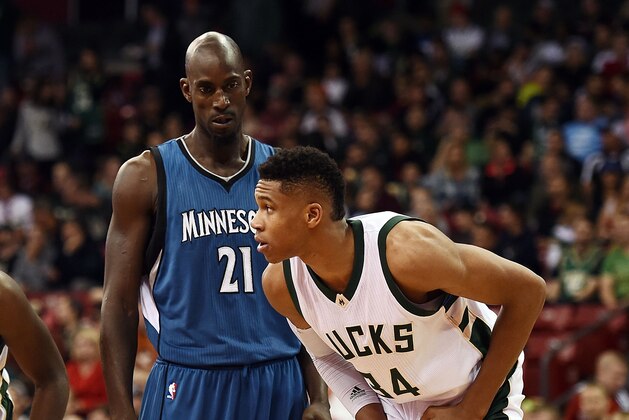 MADISON, WI - OCTOBER 20:  Kevin Garnett #21 of the Minnesota Timberwolves stares at Giannis Antetokounmpo #34 of the Milwaukee Bucks during a preseason NBA game at the Kohl Center on October 20, 2015 in Madison, Wisconsin. NOTE TO USER: User expressly acknowledges and agrees that, by downloading and or using this Photograph, user is consenting to the terms and conditions of the Getty Images License Agreement. (Photo by Stacy Revere/Getty Images)
