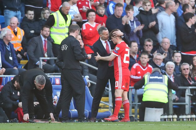 CARDIFF, WALES - MARCH 24: Wales manager \ head coach Ryan Giggs with Daniel James of Wales during the 2020 UEFA European Championships group E qualifying match between Wales and Slovakia at Cardiff City Stadium on March 24, 2019 in Cardiff, United Kingdom. (Photo by James Williamson - AMA/Getty Images)