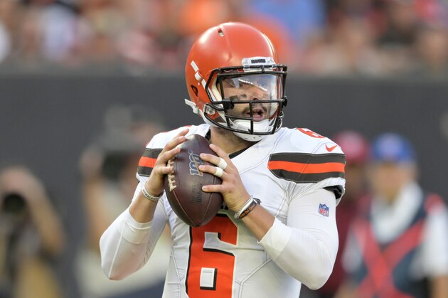 Cleveland Browns quarterback Baker Mayfield looks to pass during the first half of the team's NFL preseason football game against the Washington Redskins, Thursday, Aug. 8, 2019, in Cleveland. (AP Photo/David Richard)