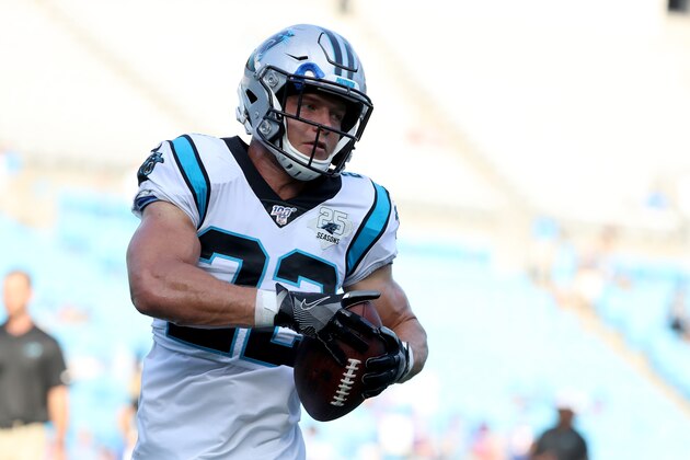 CHARLOTTE, NORTH CAROLINA - AUGUST 16: Christian McCaffrey #22 of the Carolina Panthers warms up against the Buffalo Bills before their preseason game at Bank of America Stadium on August 16, 2019 in Charlotte, North Carolina. (Photo by Streeter Lecka/Getty Images)