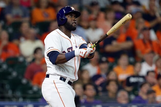 HOUSTON, TEXAS - AUGUST 06: Yordan Alvarez #44 of the Houston Astros hits a two-run home run in the second inning against the Colorado Rockies at Minute Maid Park on August 06, 2019 in Houston, Texas. (Photo by Bob Levey/Getty Images)