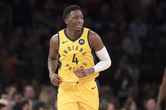 Indiana Pacers guard Victor Oladipo reacts in the second half of an NBA basketball game against the New York Knicks, Friday, Jan. 11, 2019, at Madison Square Garden in New York. The Pacers won 121-106. (AP Photo/Mary Altaffer)