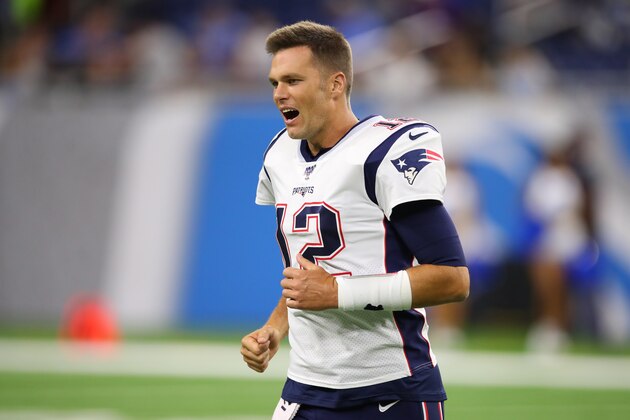 DETROIT, MICHIGAN - AUGUST 08:  Tom Brady #12 of the New England Patriots reacts after losing the coin toss prior to playing the Detroit Lions in a preseason game at Ford Field on August 08, 2019 in Detroit, Michigan. (Photo by Gregory Shamus/Getty Images)