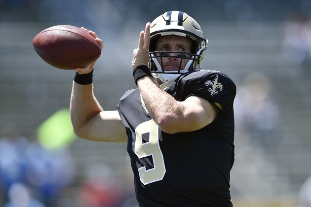 New Orleans Saints quarterback Drew Brees warms up before a preseason NFL football game against the Los Angeles Chargers Sunday, Aug. 18, 2019, in Carson, Calif. (AP Photo/Gregory Bull )