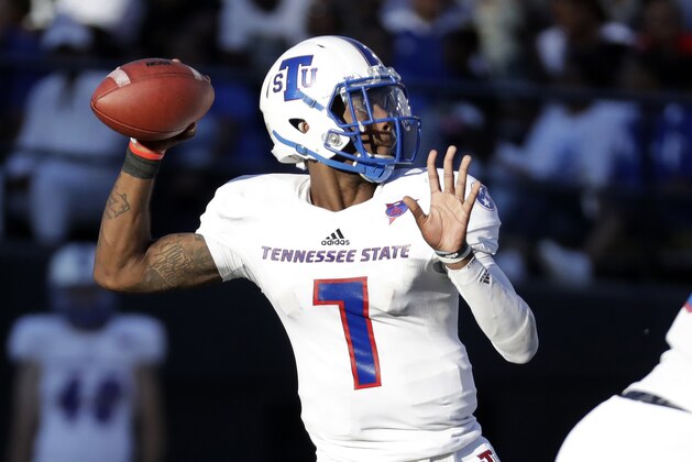 Tennessee State quarterback Demry Croft plays against Vanderbiltin the second half of an NCAA college football game Saturday, Sept. 29, 2018, in Nashville, Tenn. Vanderbilt won 31-27. (AP Photo/Mark Humphrey)