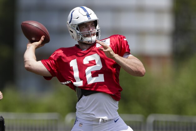 Indianapolis Colts quarterback Andrew Luck (12) throws during practice at the NFL team's football training camp in Westfield, Ind., Sunday, July 28, 2019. (AP Photo/Michael Conroy)