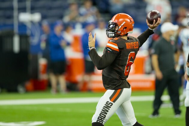 Cleveland Browns quarterback Baker Mayfield (6) throws before an NFL preseason football game against the Indianapolis Colts in Indianapolis, Saturday, Aug. 17, 2019. (AP Photo/AJ Mast)