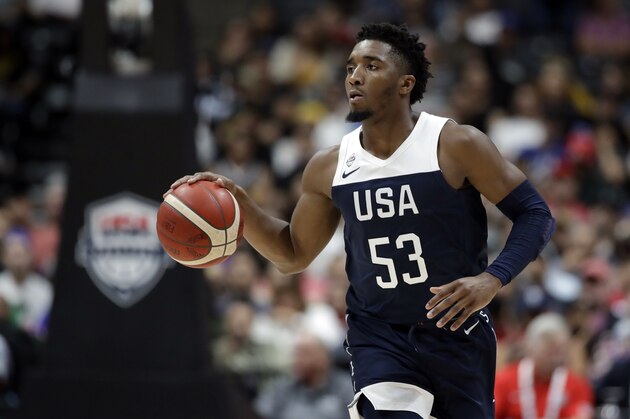United States' Donovan Mitchell during the second half of an exhibition basketball game Against Spain Friday, Aug. 16, 2019, in Anaheim, Calif. (AP Photo/Marcio Jose Sanchez)