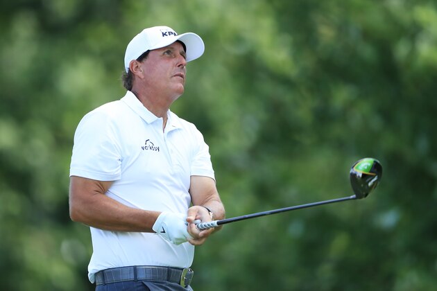 MEDINAH, ILLINOIS - AUGUST 15: Phil Mickelson of the United States plays his shot from the fifth tee during the first round of the BMW Championship at Medinah Country Club No. 3 on August 15, 2019 in Medinah, Illinois. (Photo by Sam Greenwood/Getty Images)