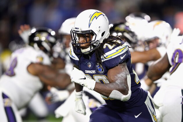 CARSON, CA - DECEMBER 22:  Melvin Gordon #28 of the Los Angeles Chargers runs on a pass play during the second half of a game against the Baltimore Ravens at StubHub Center on December 22, 2018 in Carson, California.  (Photo by Sean M. Haffey/Getty Images)